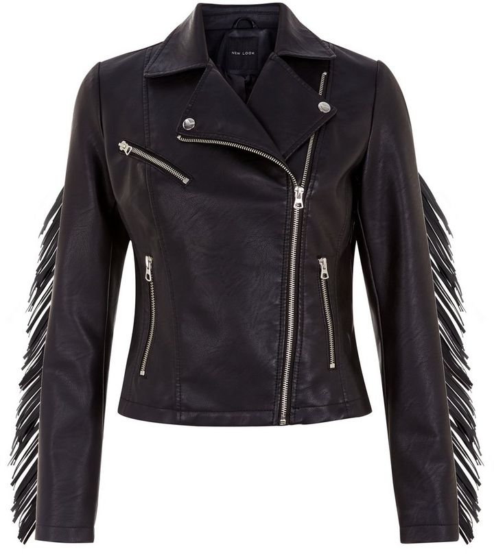 Black Leather Look Tassel Trim Biker Jacket New The Look