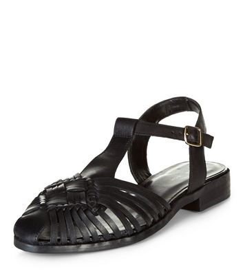 Black Leather Woven T Bar Sandals New Look