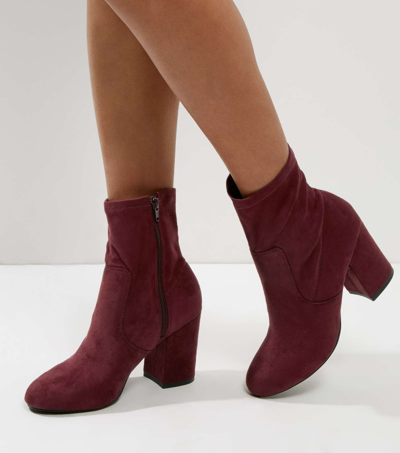 Dark Red Suedette Block Heel Boots 