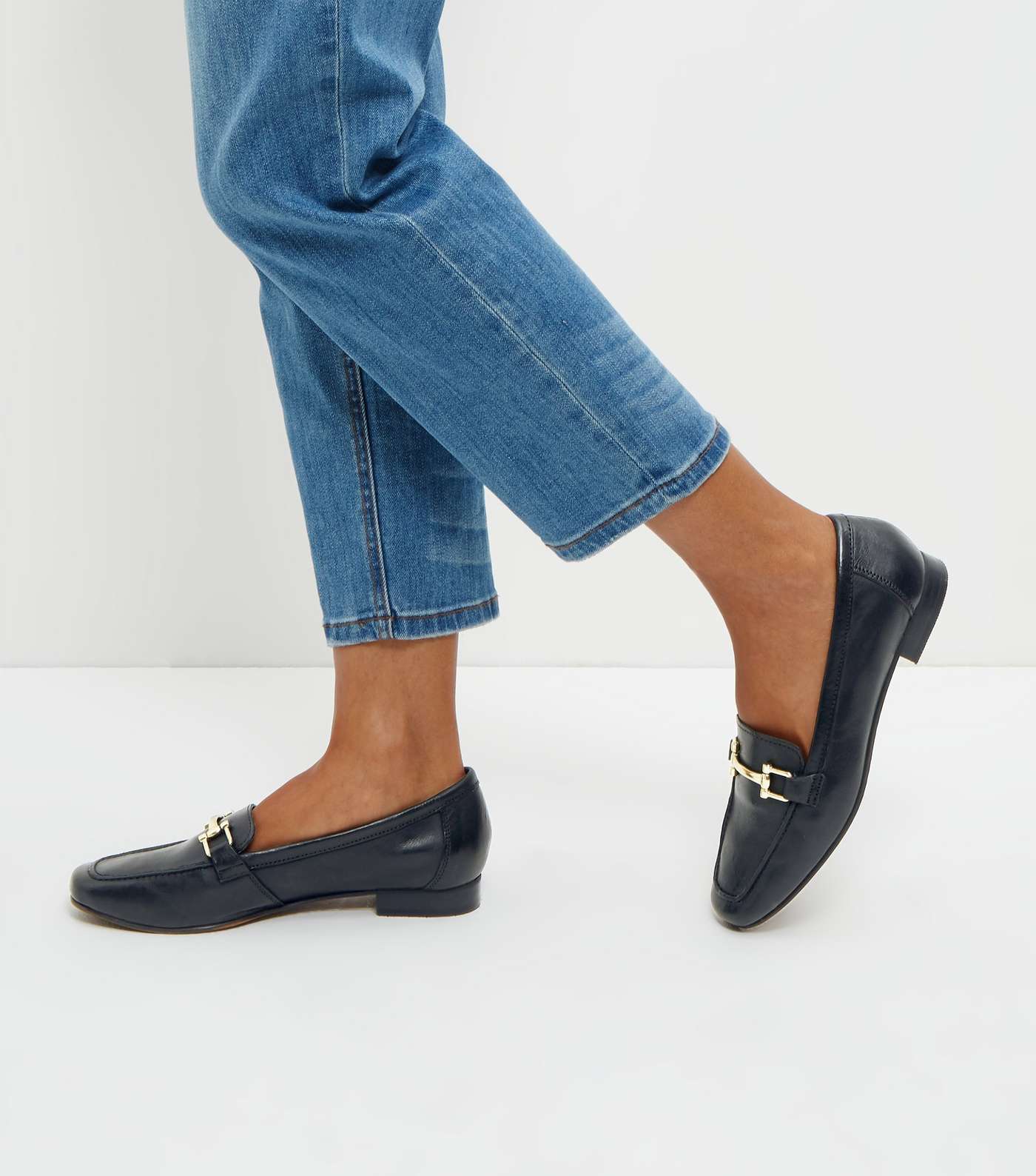 Black Leather Metal Trim Loafers 