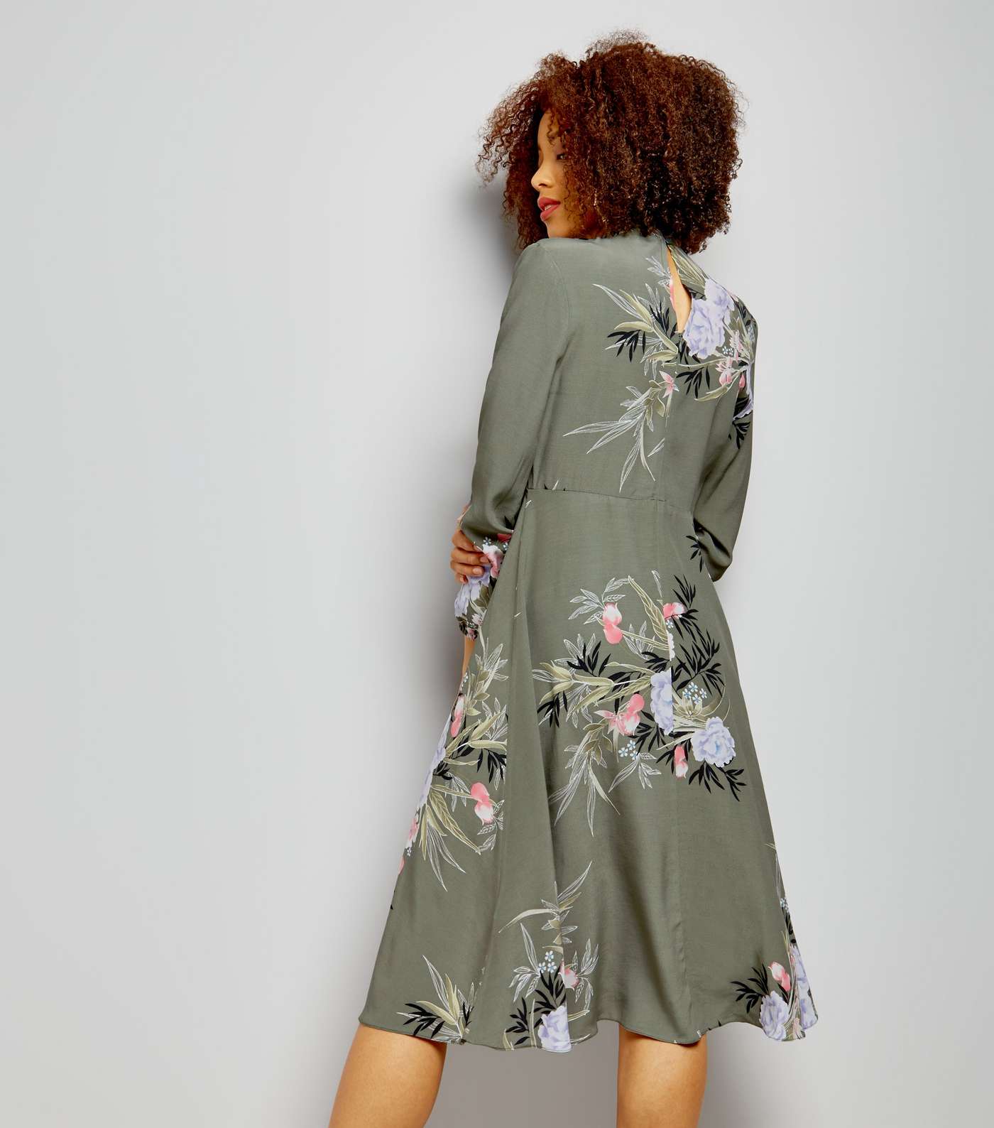 Khaki Floral Print Funnel Neck Long Sleeve Midi Dress Image 3