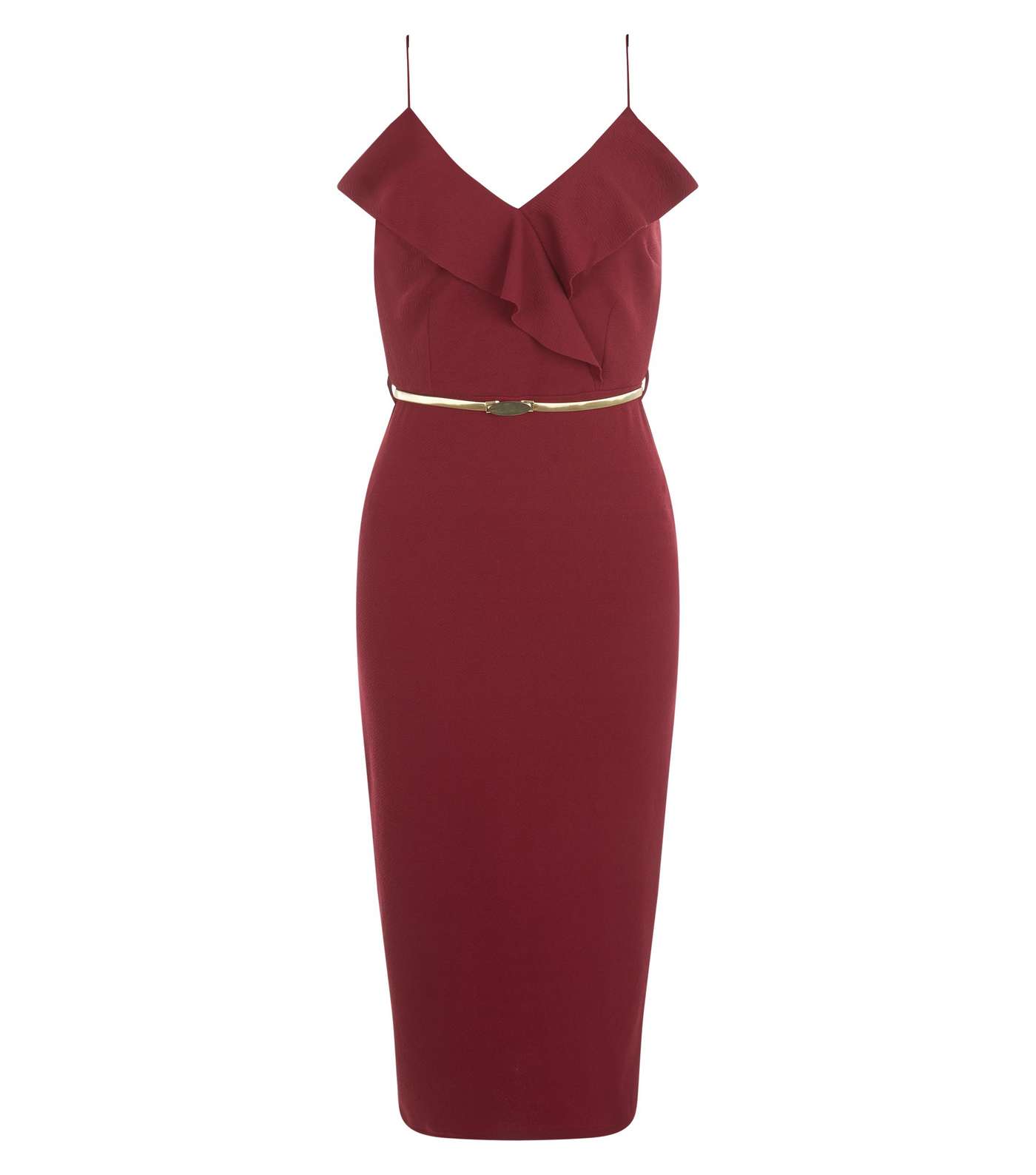 Burgundy Frill Trim Belted Bodycon Dress  Image 4