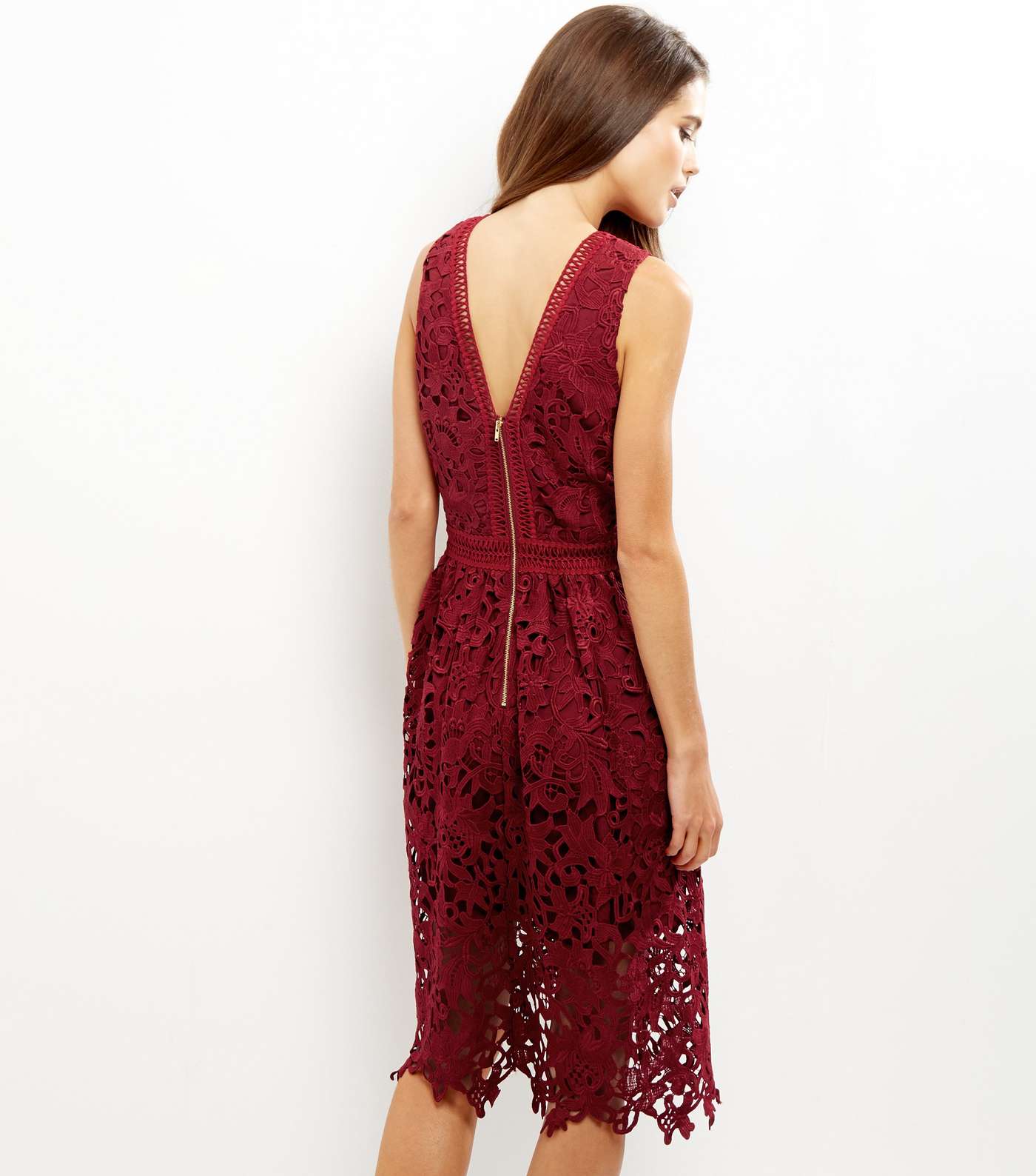 Dark Red Premium Lace Midi Skater Dress Image 3