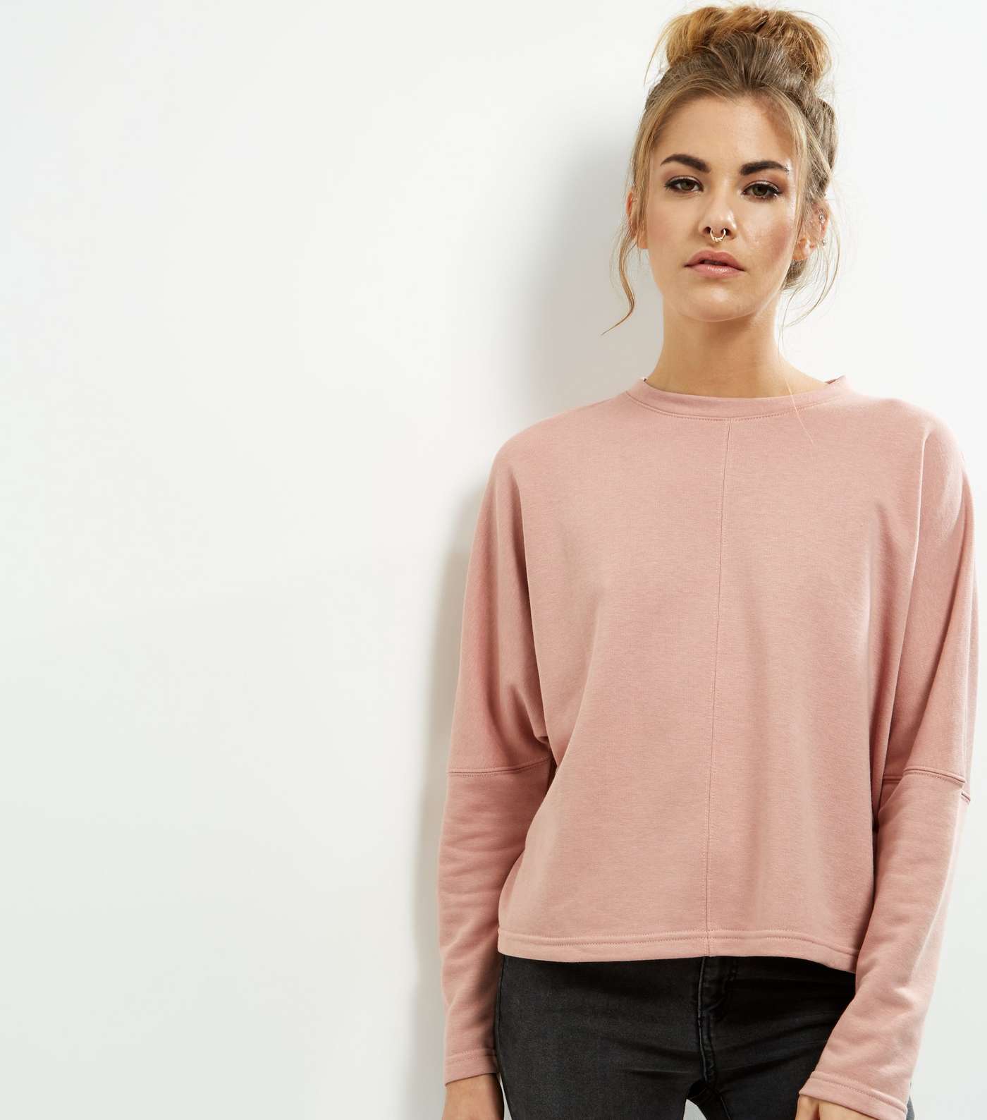 Mid Pink Batwing Sleeve Cropped Sweater 