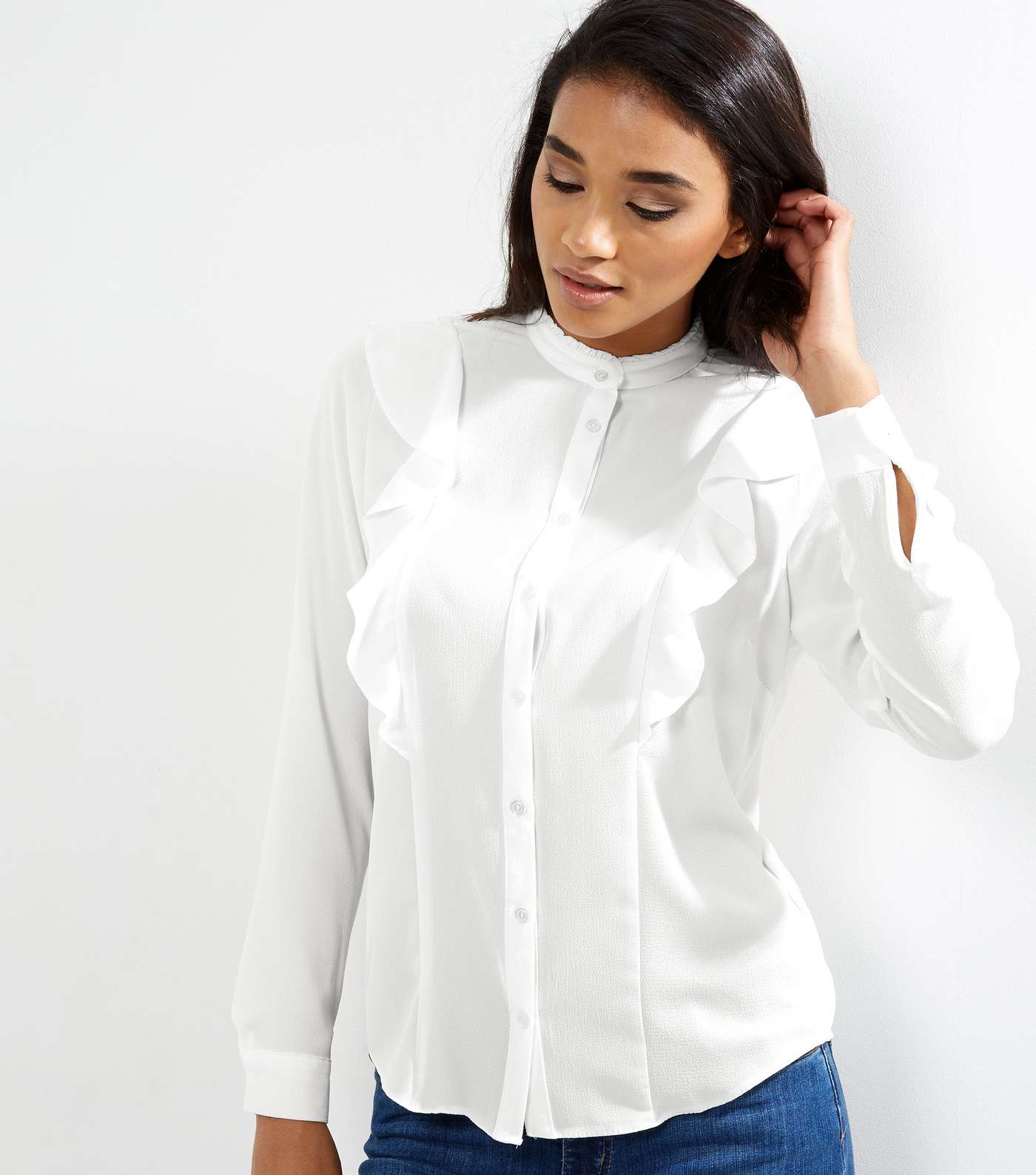 White Frill Trim Long Sleeve Shirt 