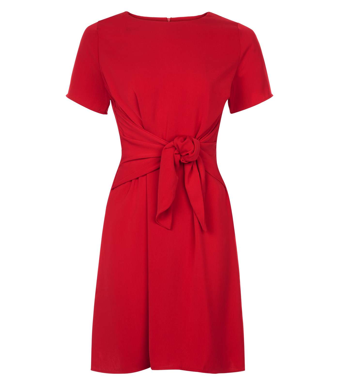 Red Tie Waist Short Sleeve A-Line Dress  Image 4
