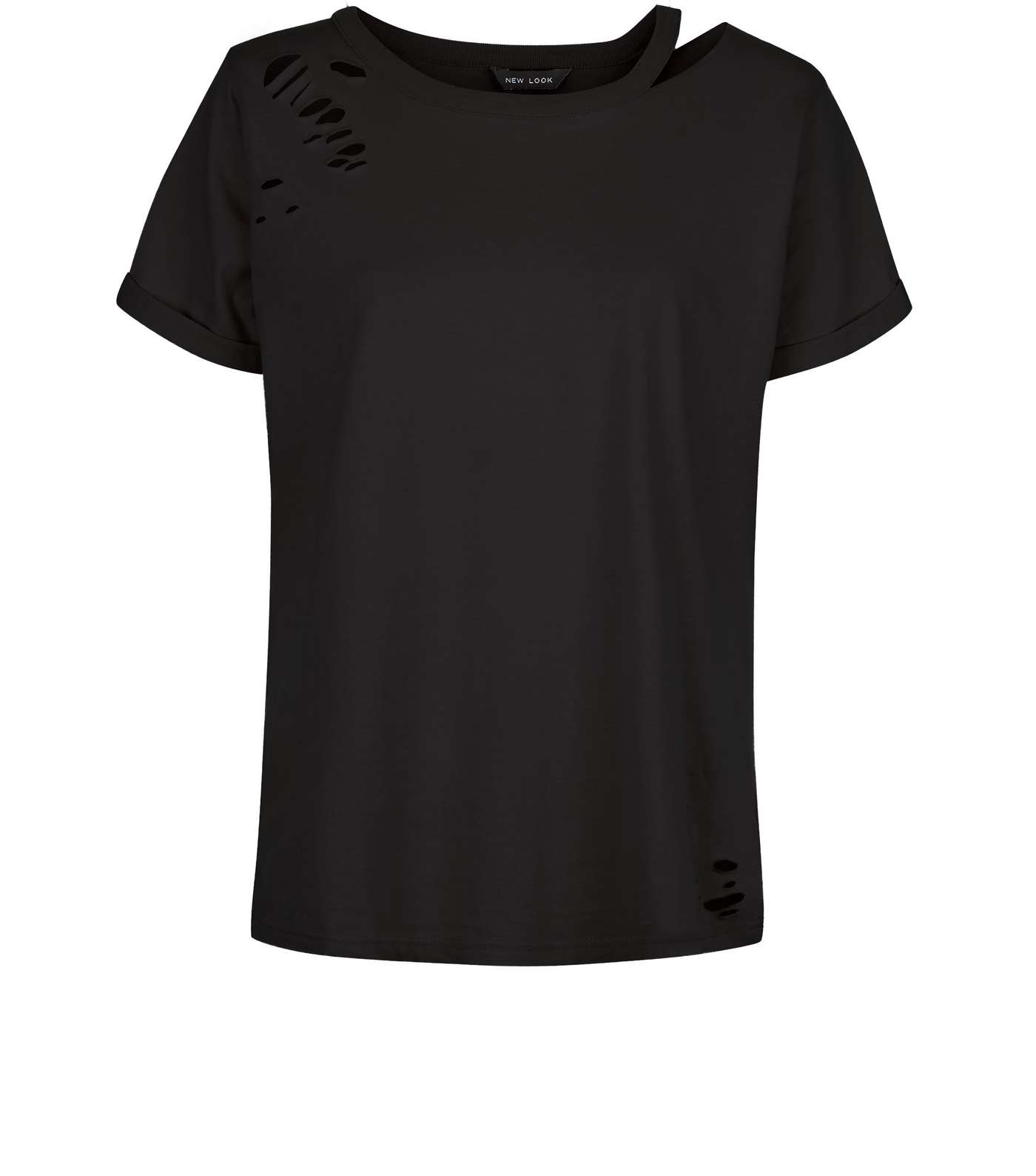 Black Cut Out Ripped Neck T-Shirt  Image 4