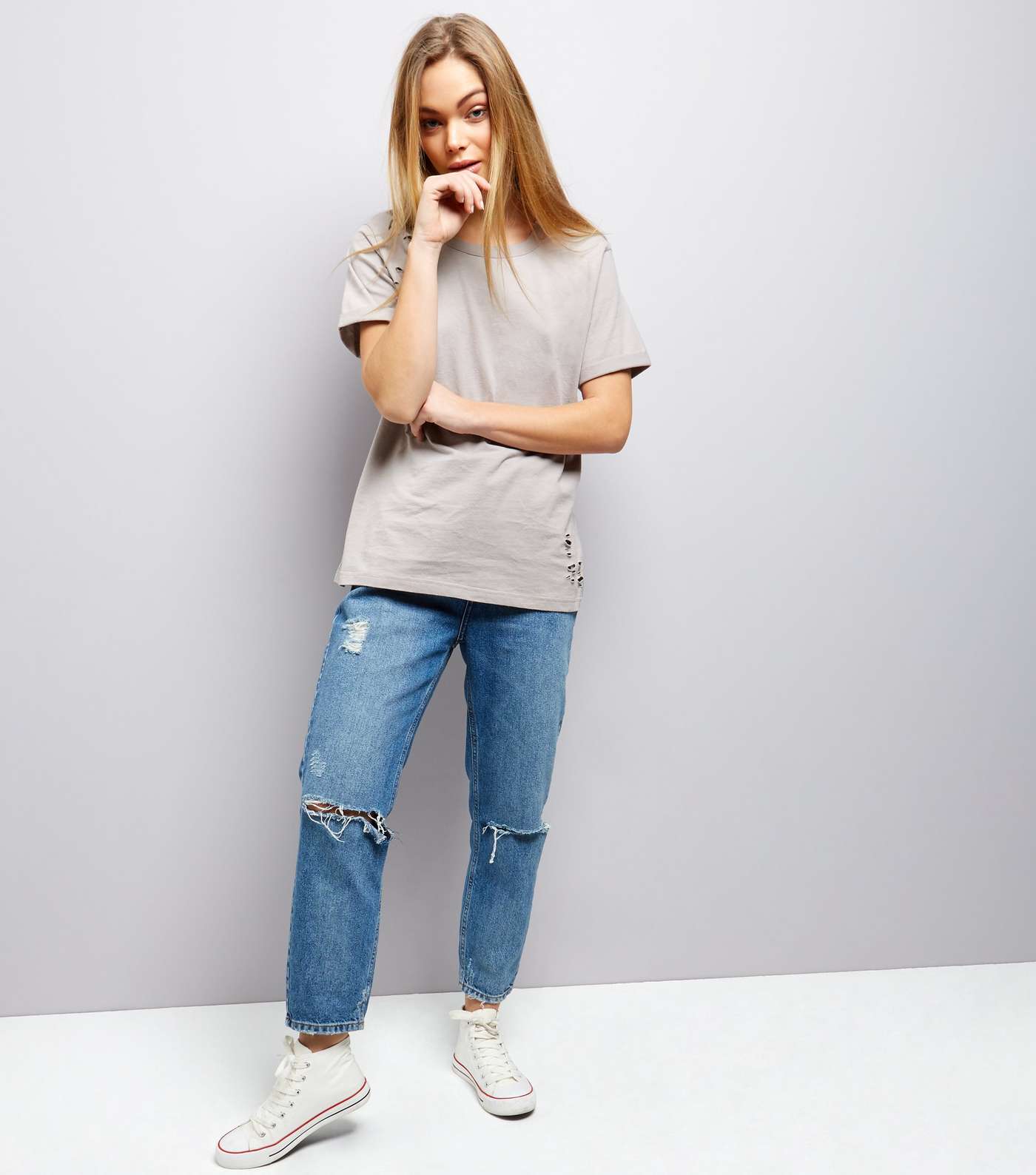 Pale Grey Cut Out Ripped Neck T-Shirt  Image 2
