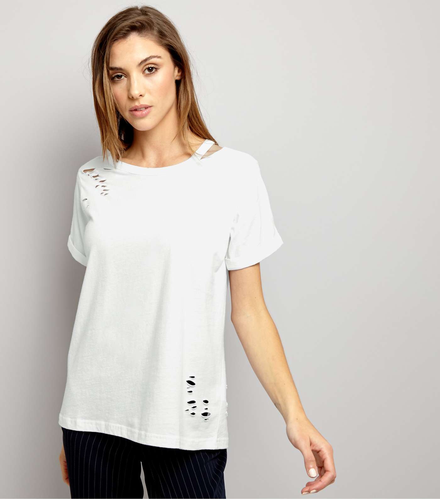 White Cut Out Ripped Neck T-Shirt 