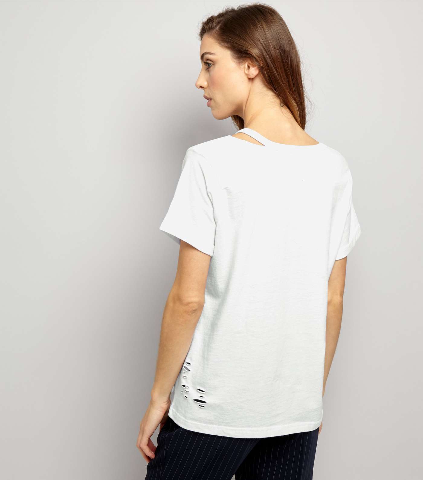 White Cut Out Ripped Neck T-Shirt  Image 3