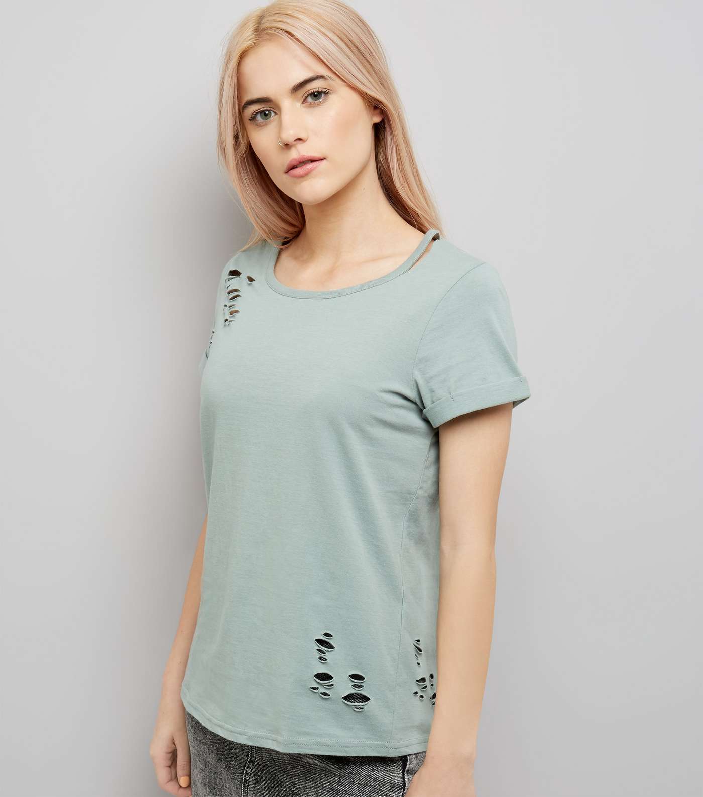 Green Cut Out Neck Distressed T-Shirt