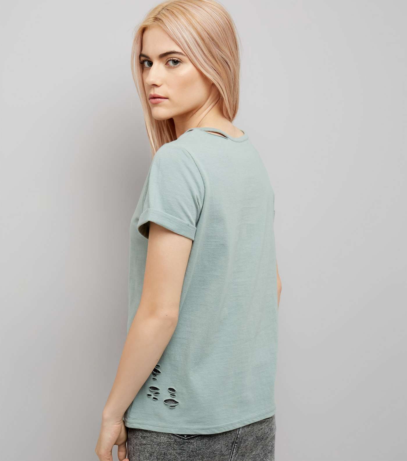 Green Cut Out Neck Distressed T-Shirt Image 3