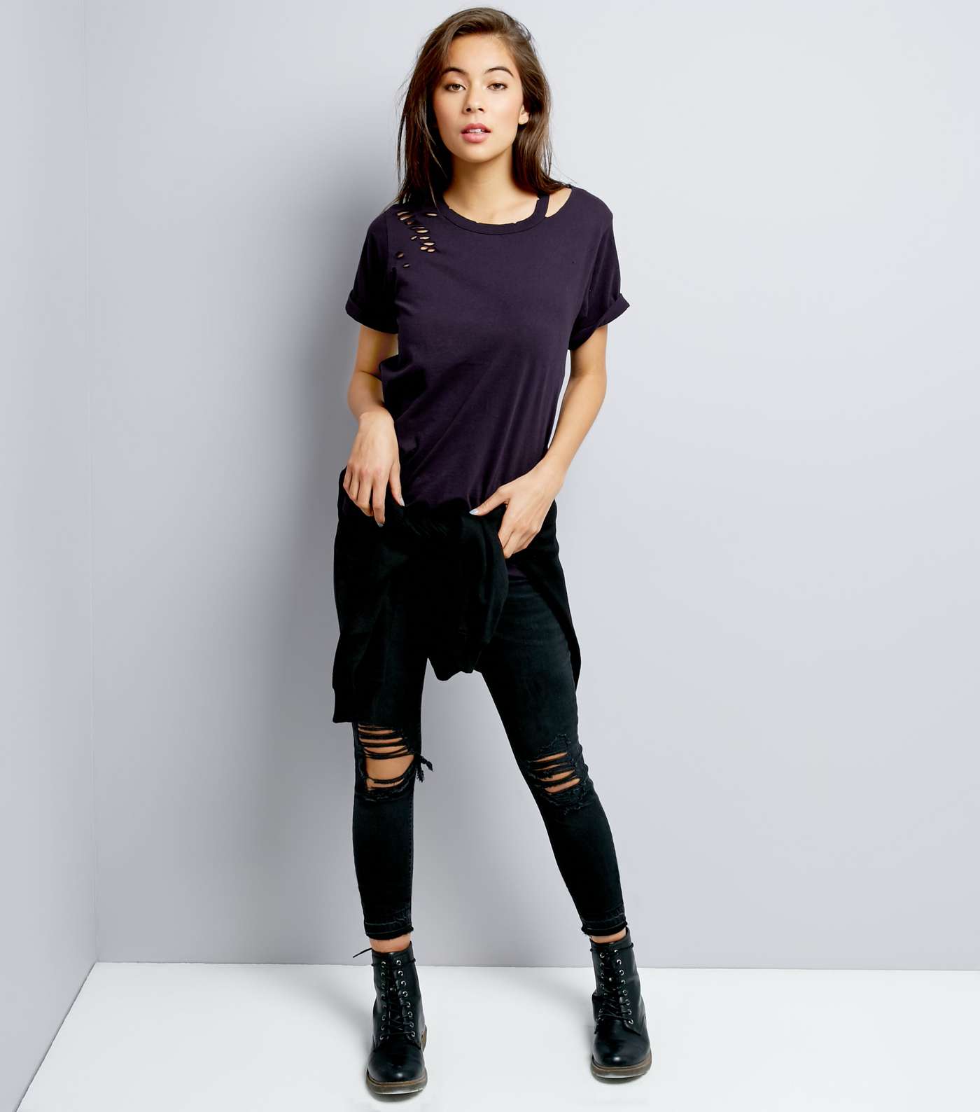 Navy Cut Out Ripped T-Shirt  Image 2
