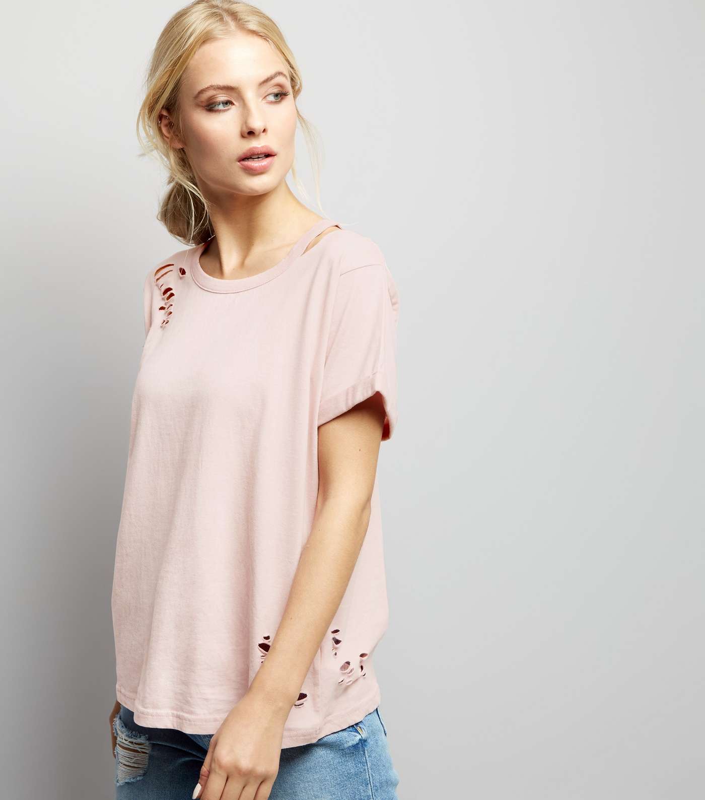 Pink Ripped Cut Out Shoulder T-Shirt