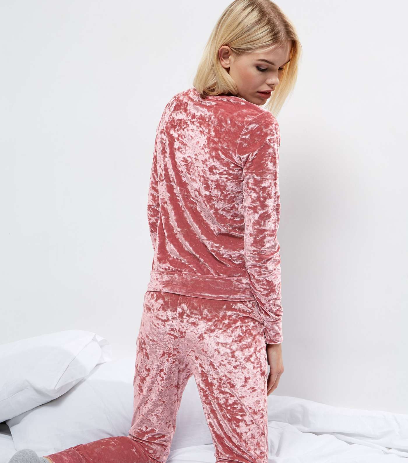 Shell Pink Velvet Long Sleeve Crew Neck Pyjama Top  Image 2