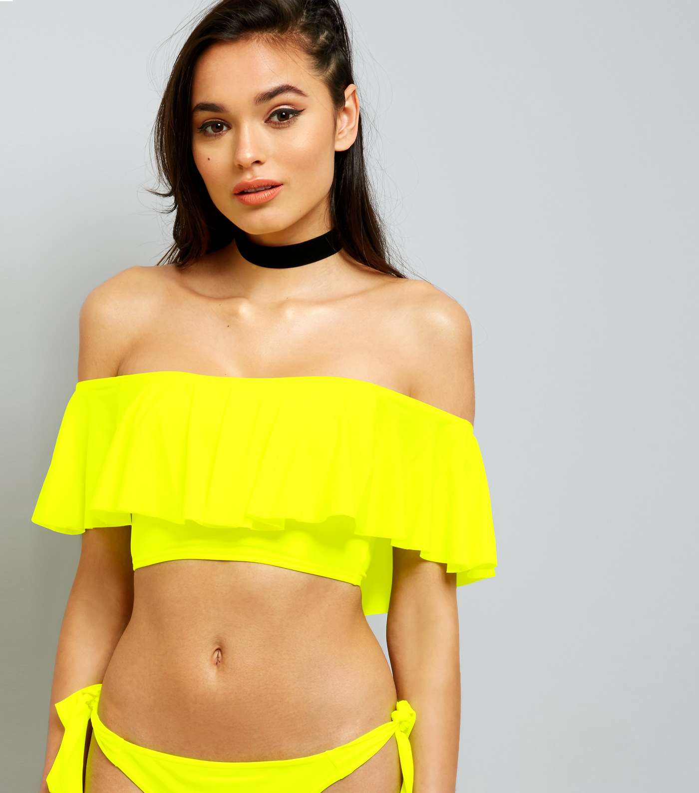 Yellow Bardot Neck Frill Trim Bikini Top