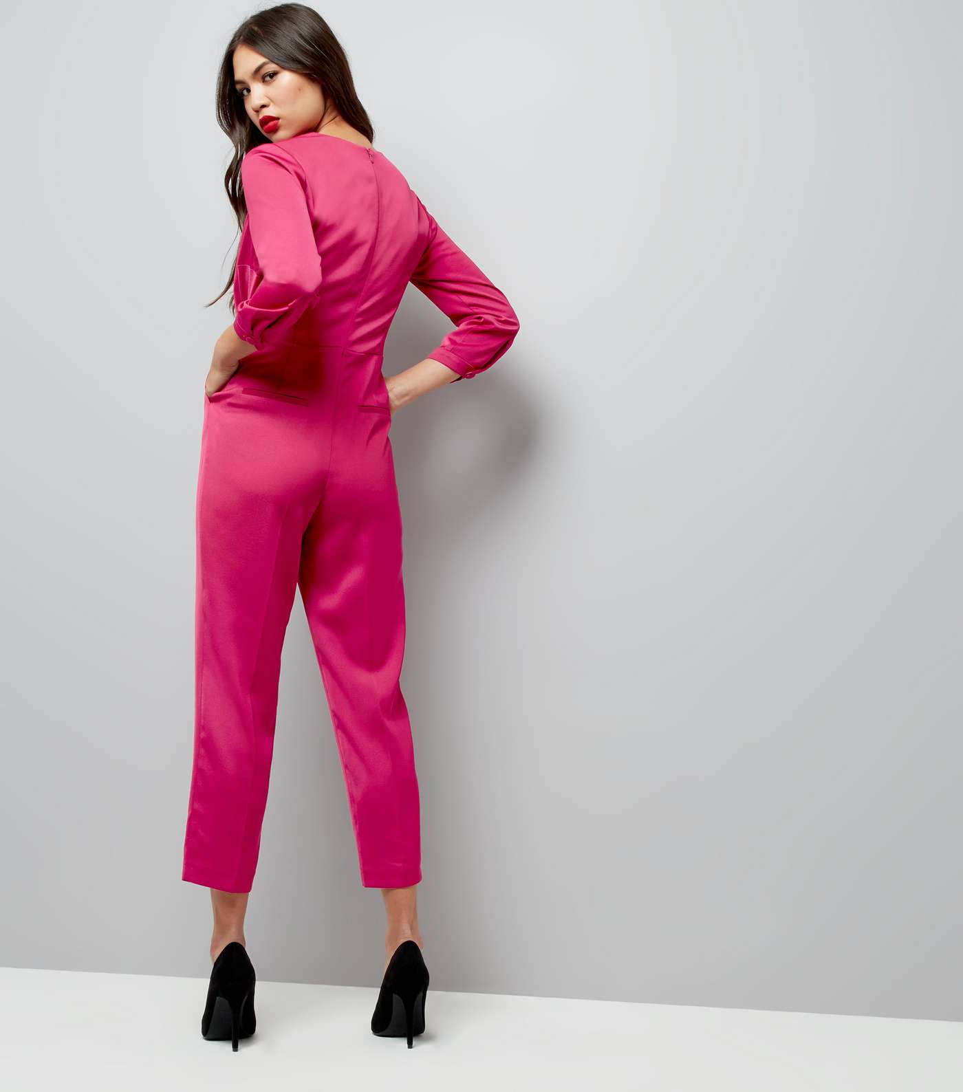 Petite Bright Pink Satin Tuxedo Jumpsuit Image 2