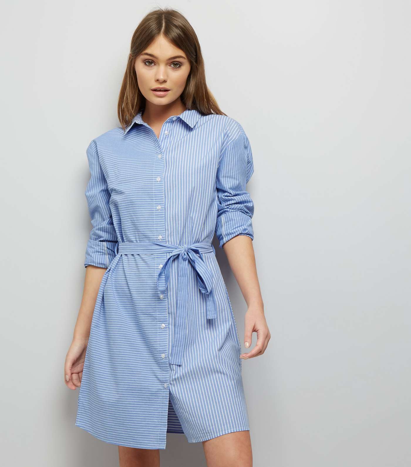 Blue Spliced Stripe Shirt Dress