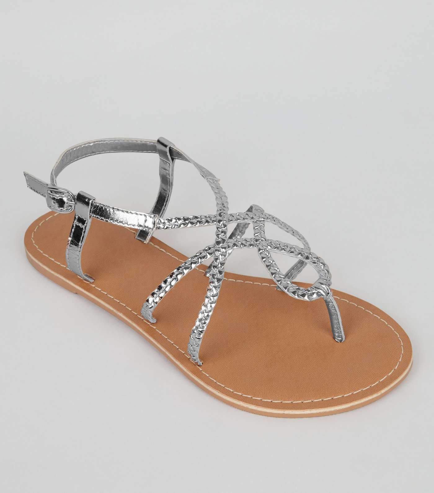 Wide Fit Silver Leather Plaited Sandals