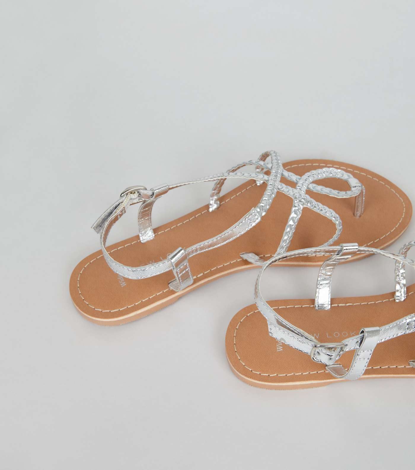 Wide Fit Silver Leather Plaited Sandals Image 5