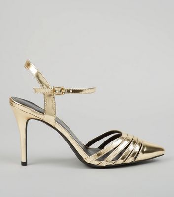 gold metallic pointed heels