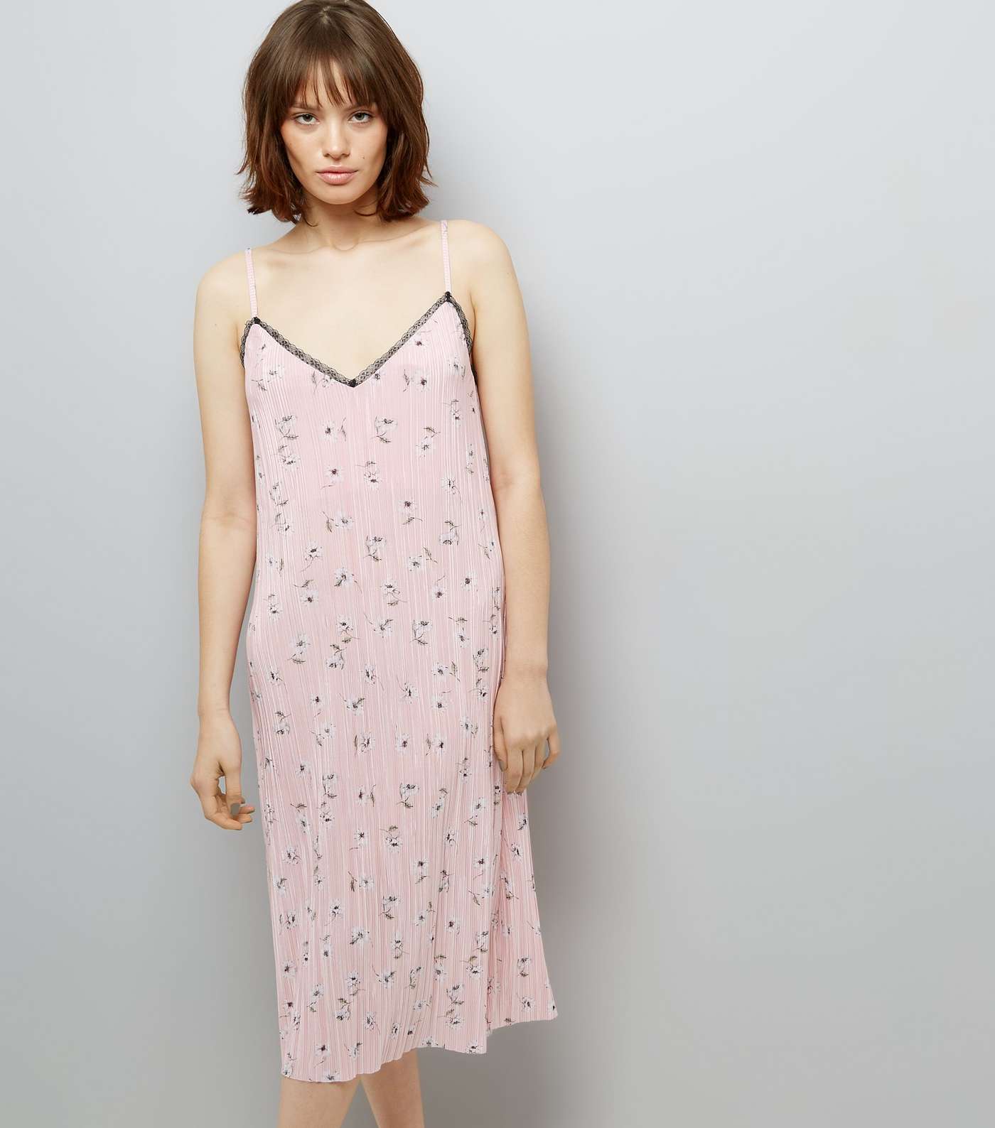 Pink Floral Print Pleated Midi Slip Dress