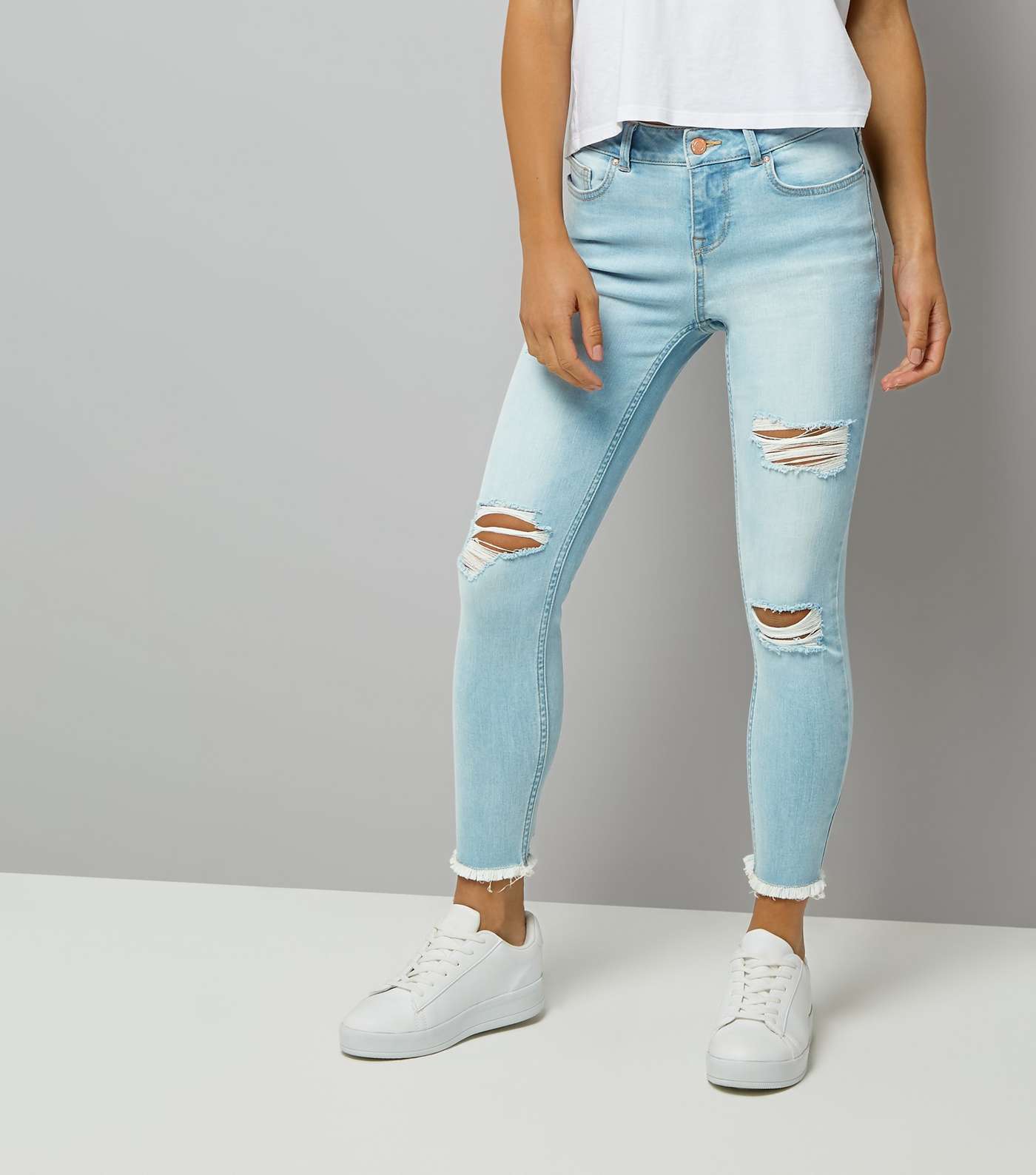 Petite Pale Blue Ripped Fray Hem Skinny Jeans Image 2