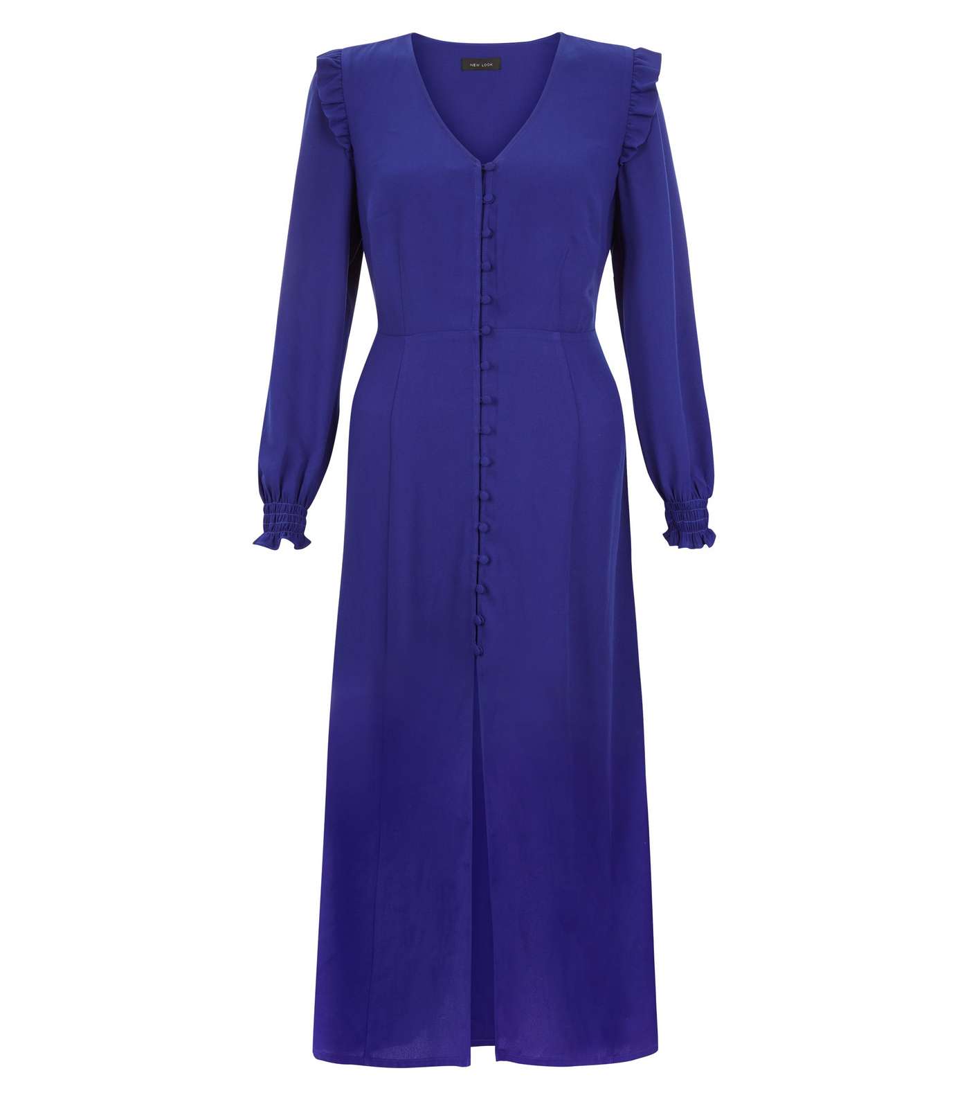 Blue Button Front Long Sleeve Midi Dress  Image 4