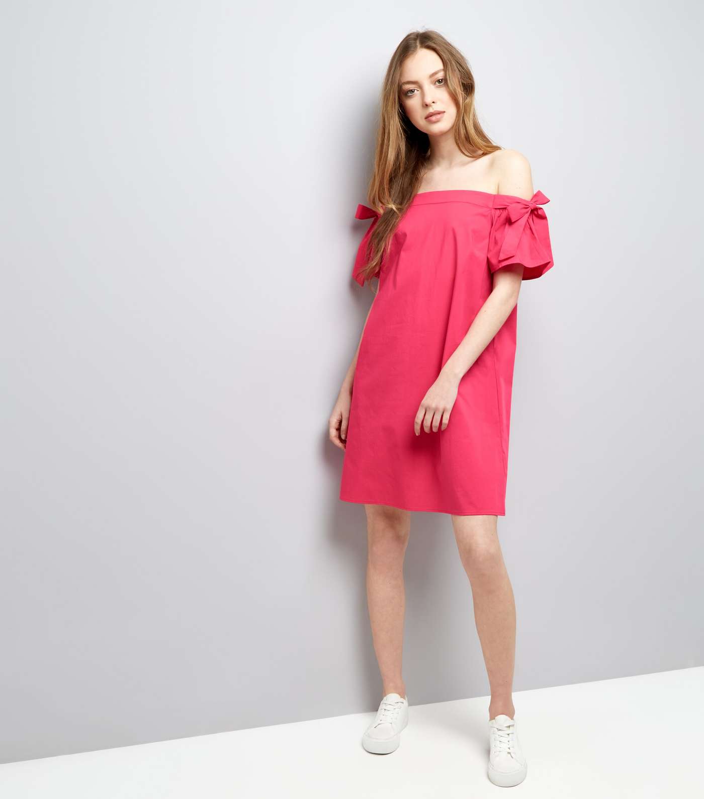 Bright Pink Tie Sleeve Bardot Neck Dress  Image 2