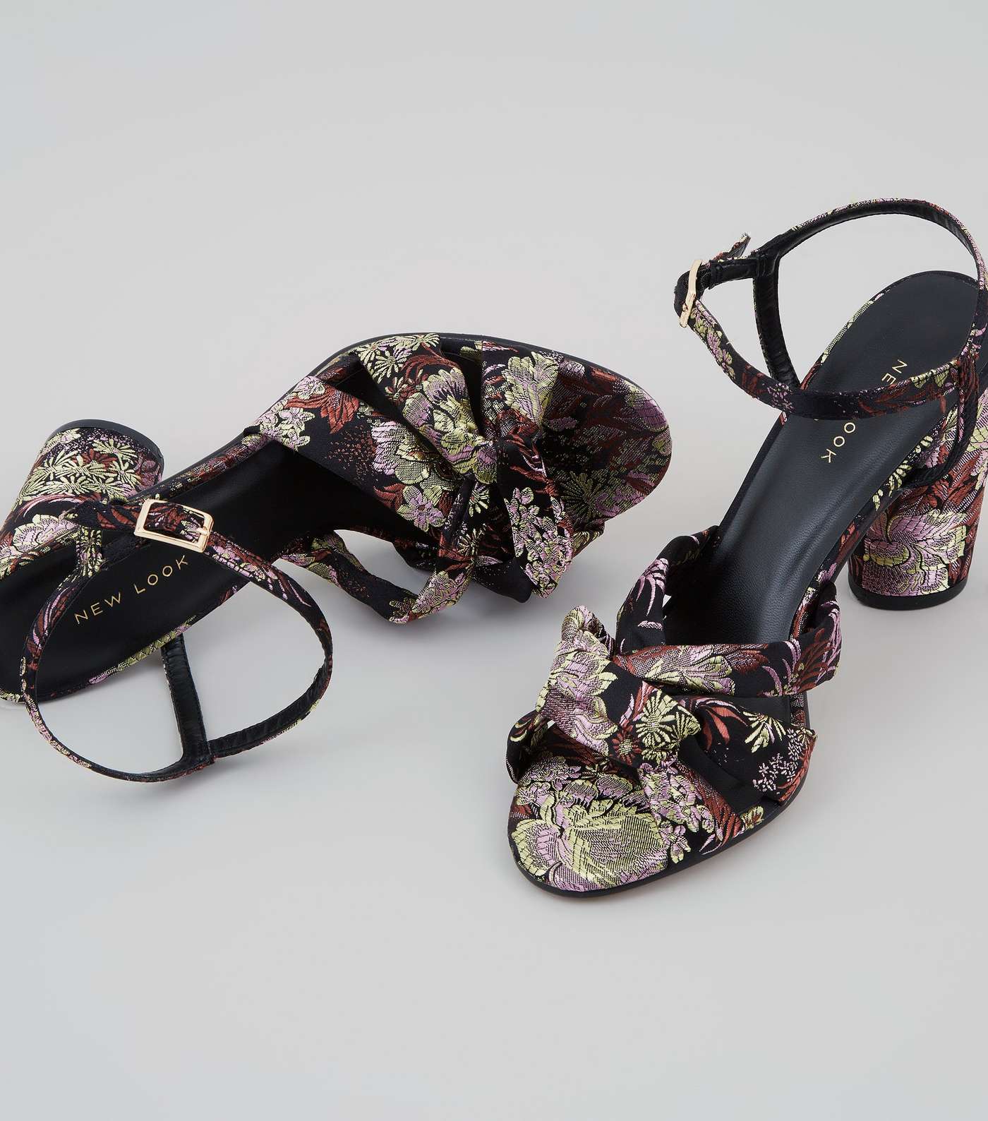 Black Floral Brocade Heeled Sandals Image 5
