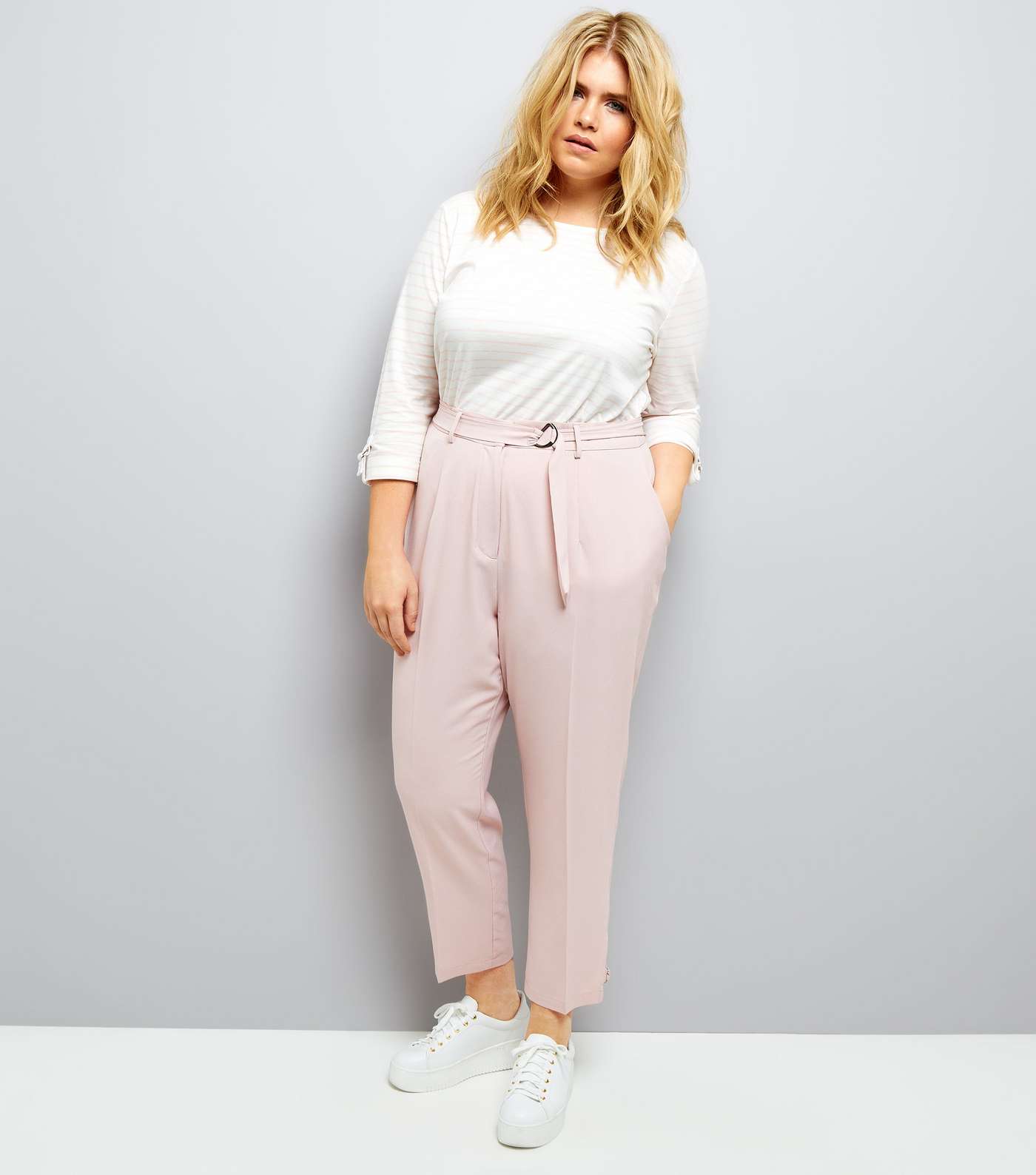 Curves Pink D-Ring Hem Cropped Trousers Image 2