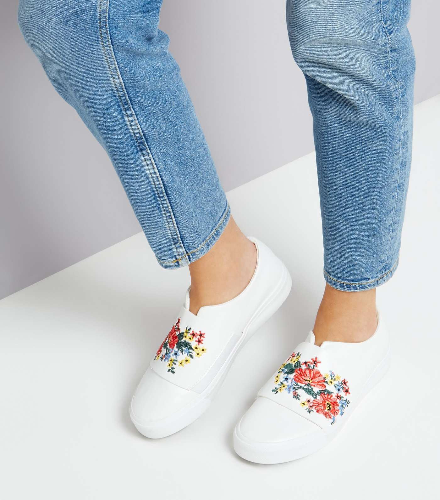 White Floral Embroidered Plimsolls Image 3