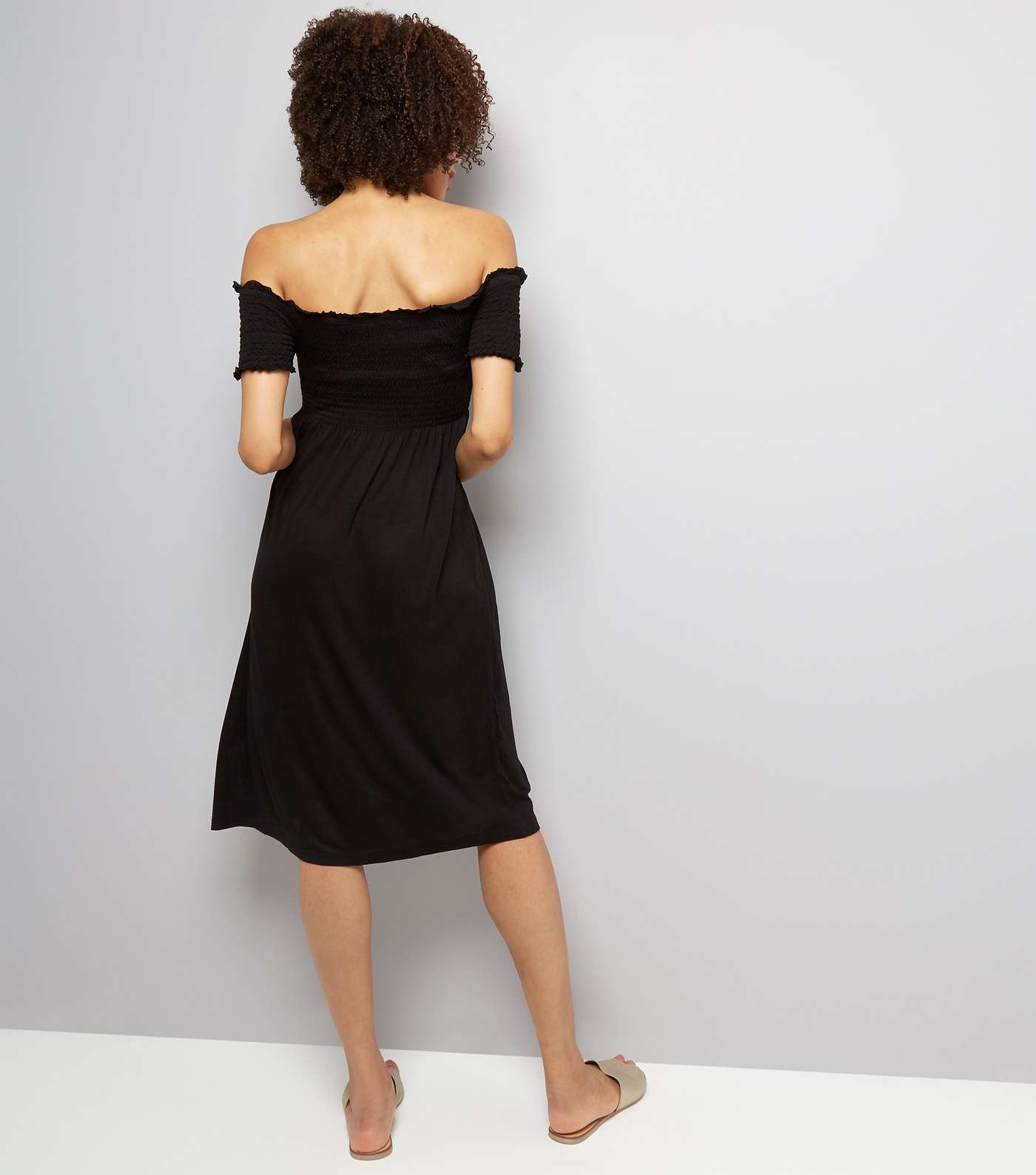 Black Shirred Bardot Neck Midi Dress Image 2