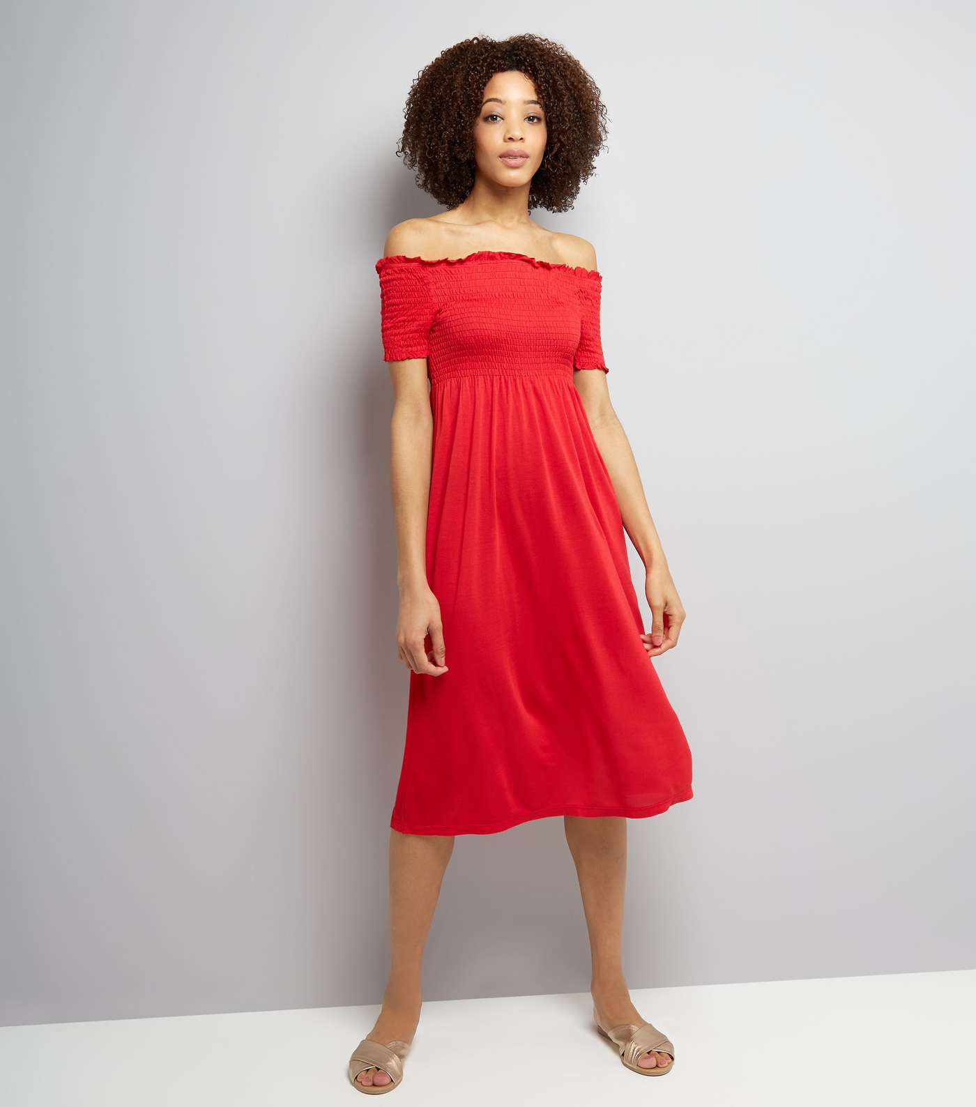 Red Shirred Bardot Neck Midi Dress 