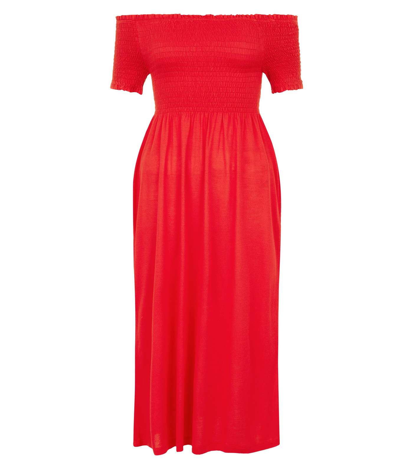 Red Shirred Bardot Neck Midi Dress  Image 3