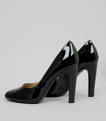 black patent block heel court shoes