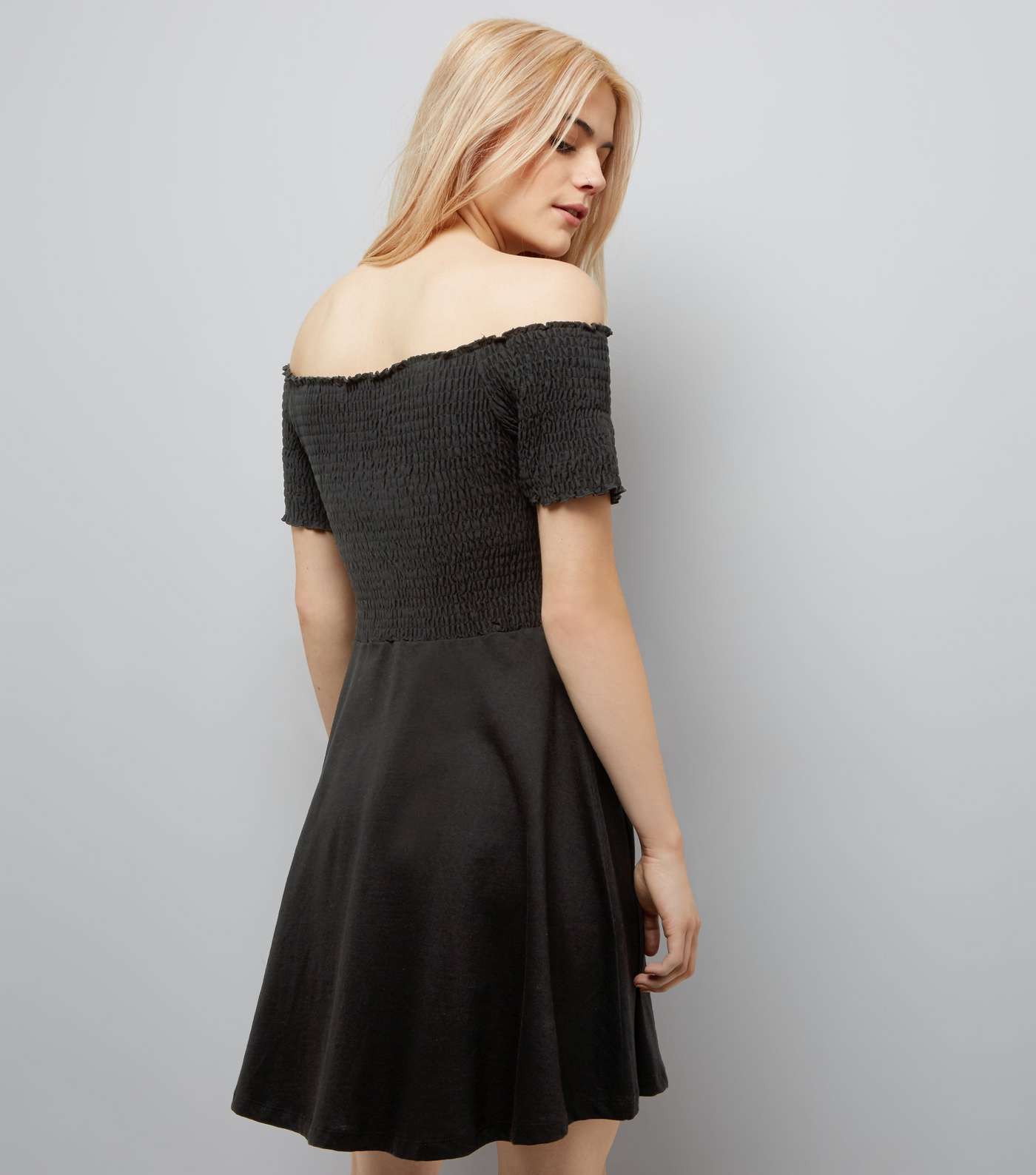 Black Shirred Bardot Neck Skater Dress Image 3