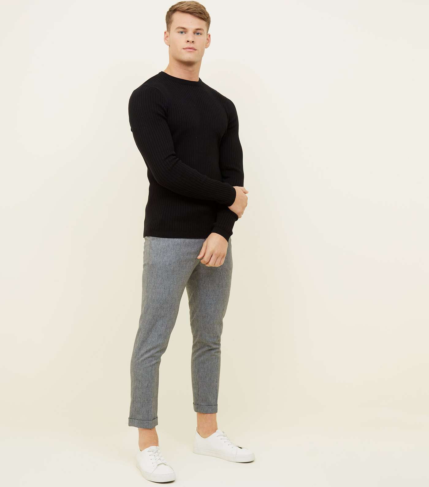 Black Ribbed Muscle Fit Jumper Image 2