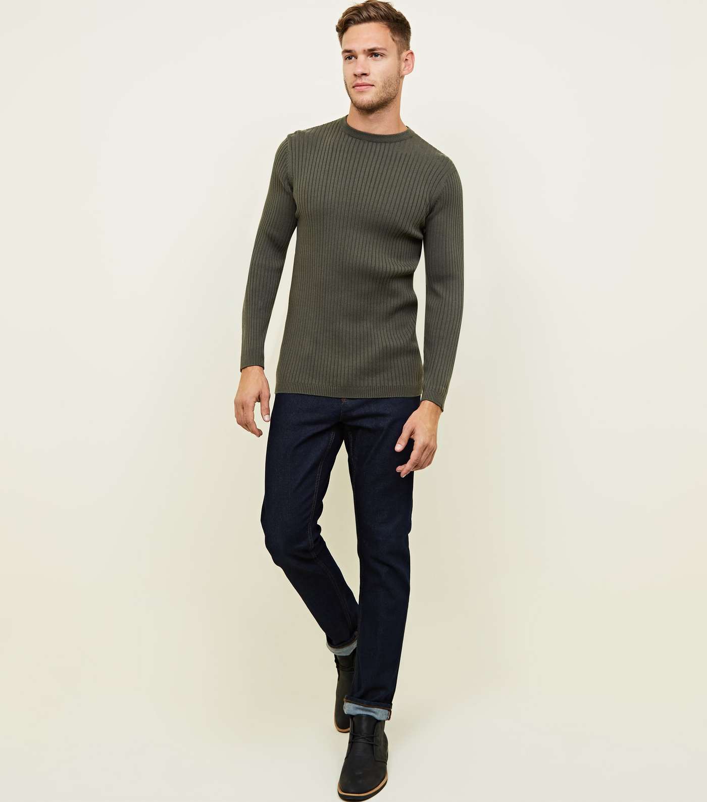 Khaki Ribbed Muscle Fit Jumper Image 2