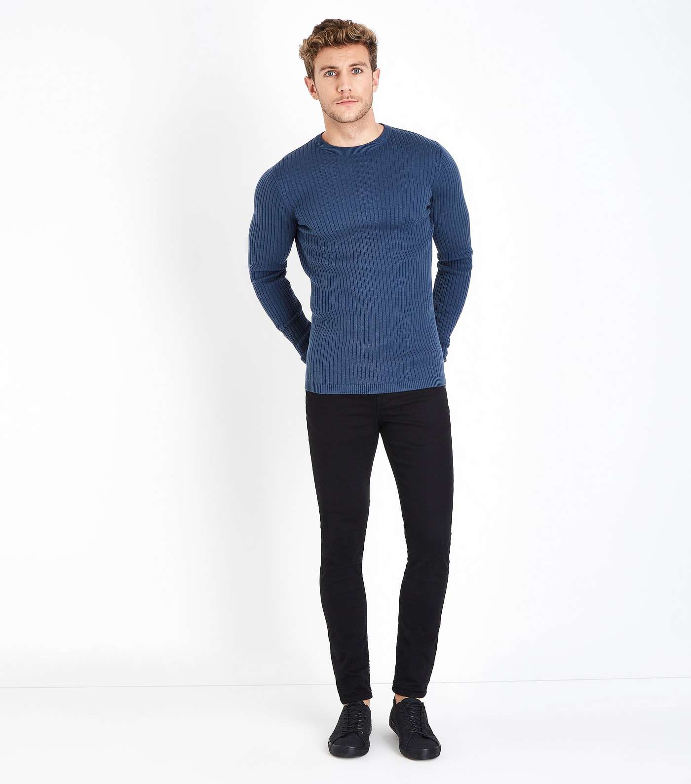 Blue Ribbed Muscle Fit Jumper Image 2