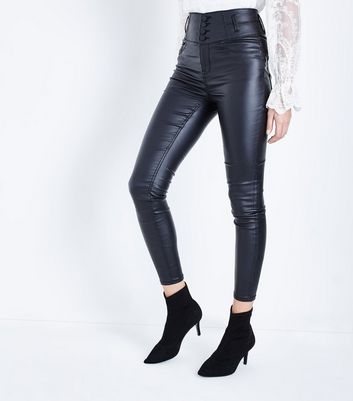 high waisted black wet look jeans