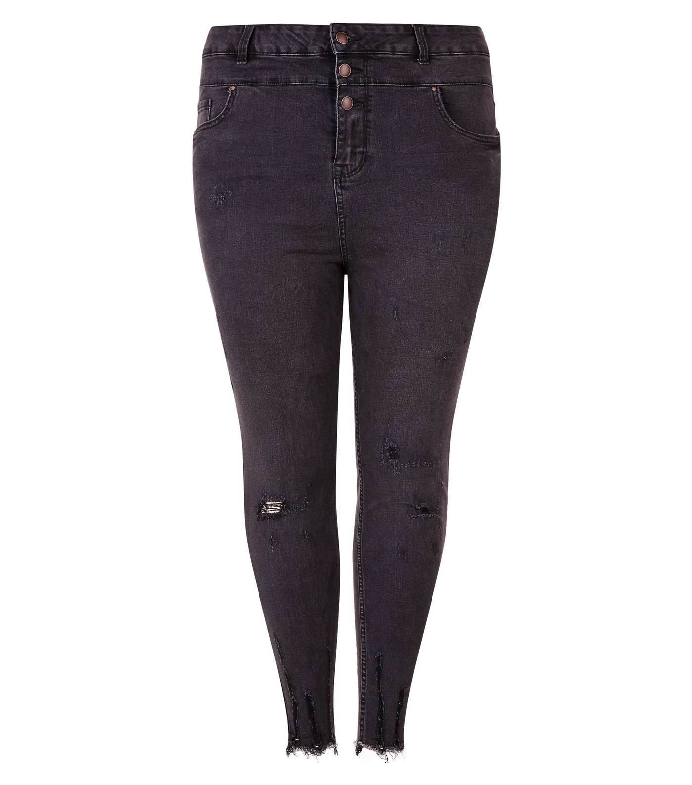 Curves Black Washed High Waist Button Front Skinny Jeans Image 4