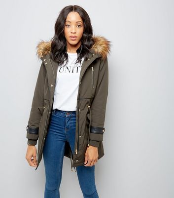 Khaki Faux Fur Lined Leather-Look Trim Parka | New Look