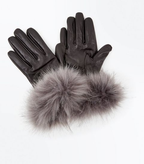 Black Faux Fur Trim Leather-Look Gloves