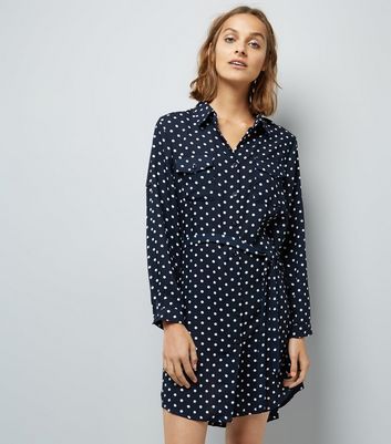 navy polka dot shirt dress