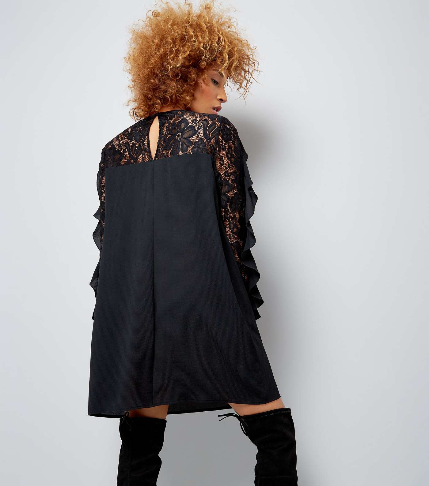 Black Lace Frill Sleeve Tunic Dress Image 3