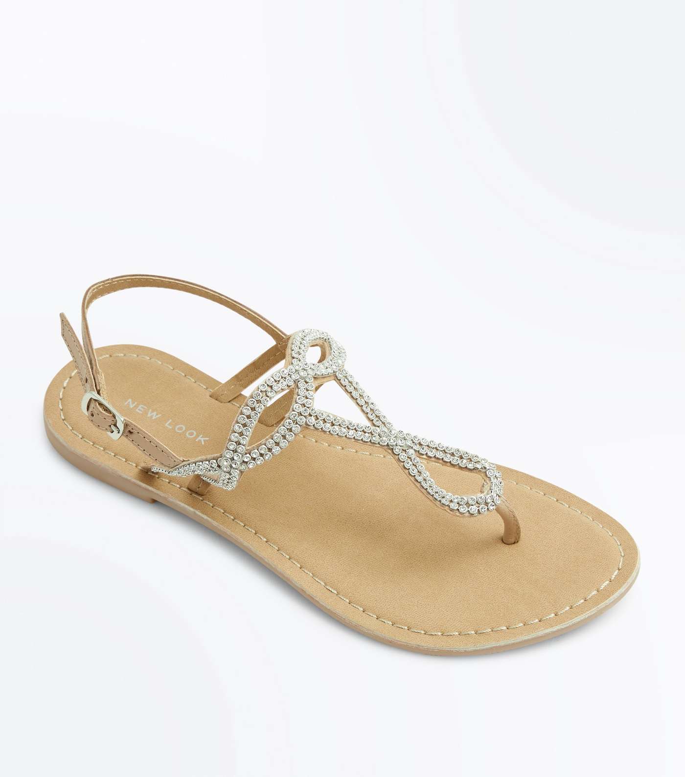 Nude Leather Diamanté Embellished Flat Sandals