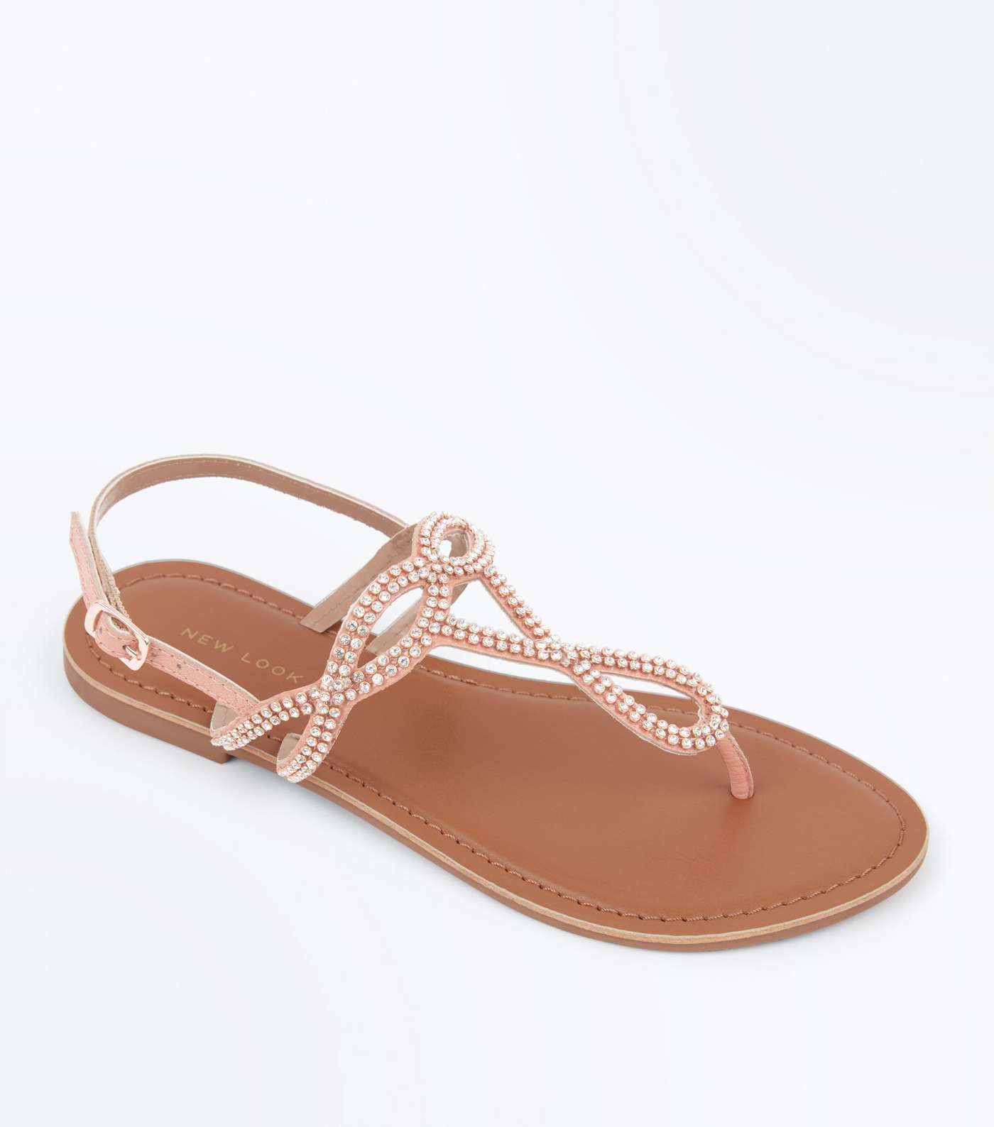 Coral Leather Diamanté Embellished Flat Sandals