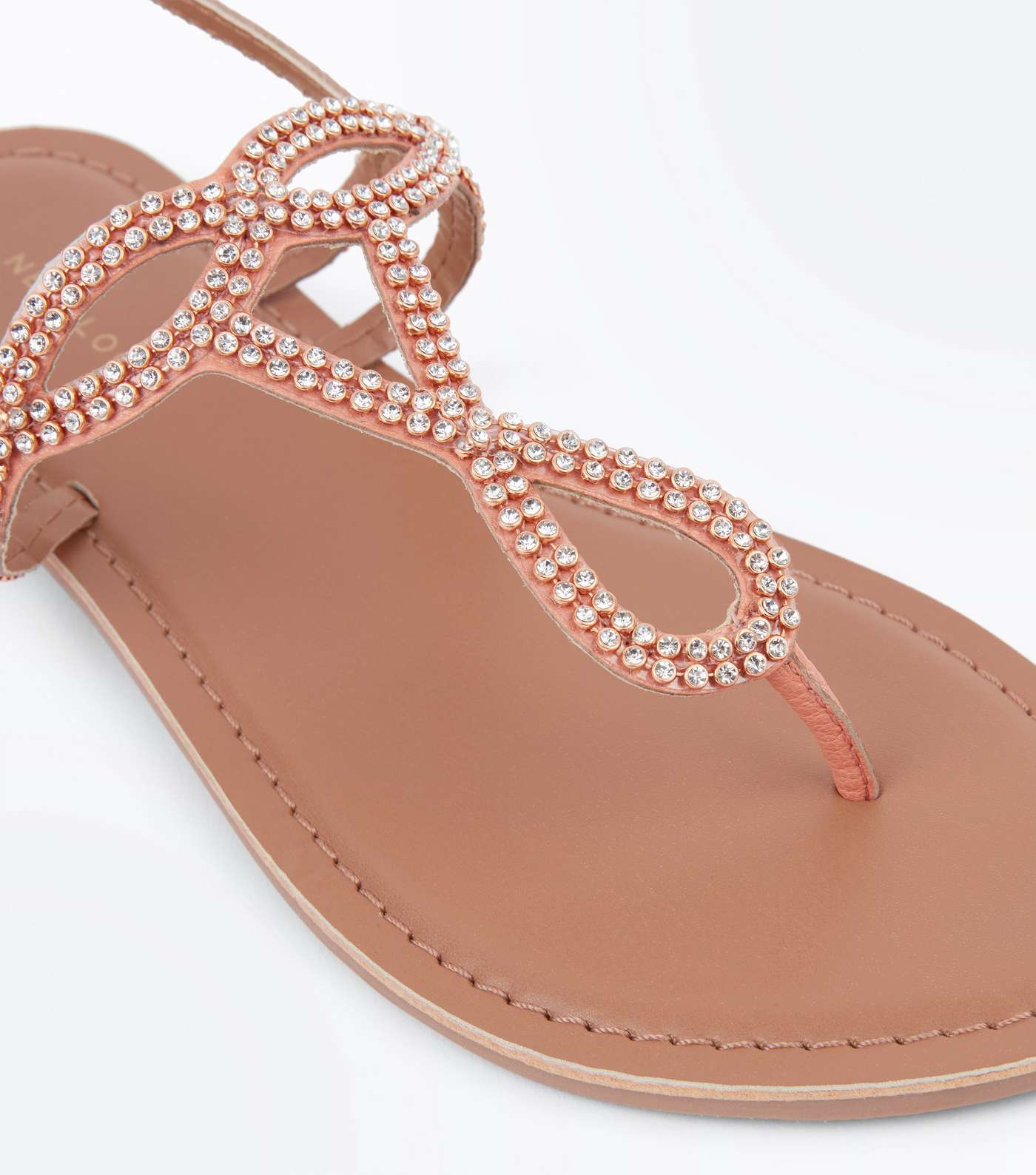Coral Leather Diamanté Embellished Flat Sandals Image 3