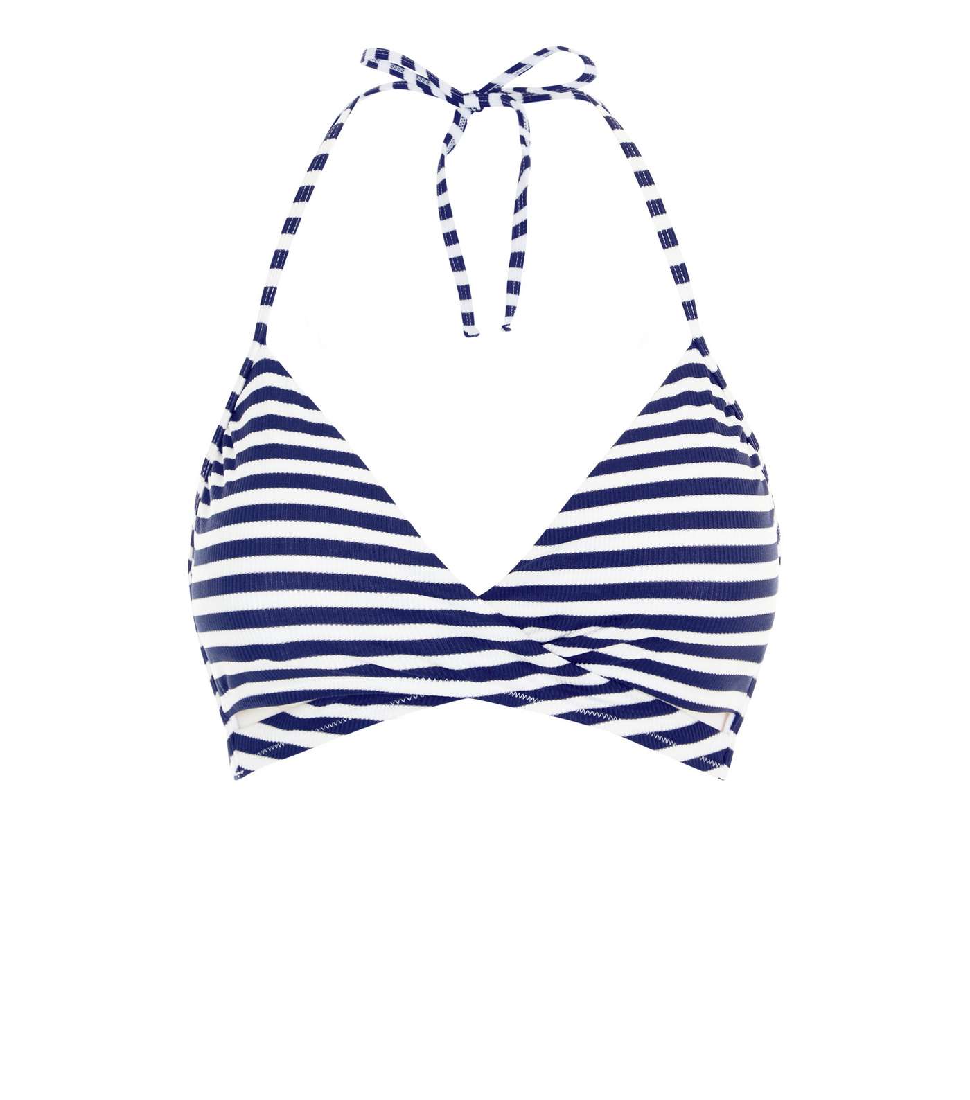 Blue Stripe Ribbed Wrap Front Bikini Top Image 4
